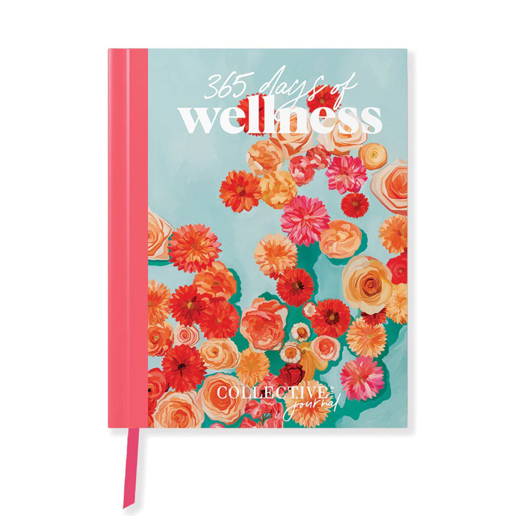 Collective Hub 365 Days of Wellness journal hardcover book front cover with a red, pink and orange floral pattern on an aqua blue backdrop with pink binding.