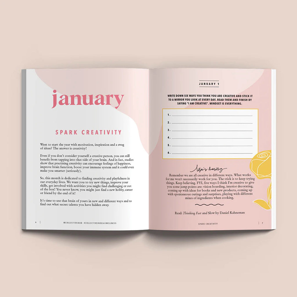 Collective Hub 365 Days of Wellness journal hardcover book, January 1 sample page.