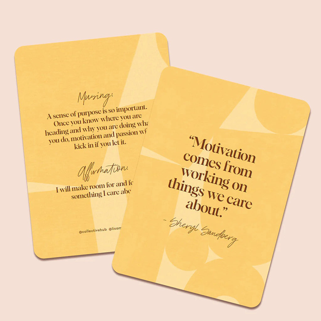 Collective Hub Reset Your Mindset Mantras and Affirmations, yellow sample card about motivation.