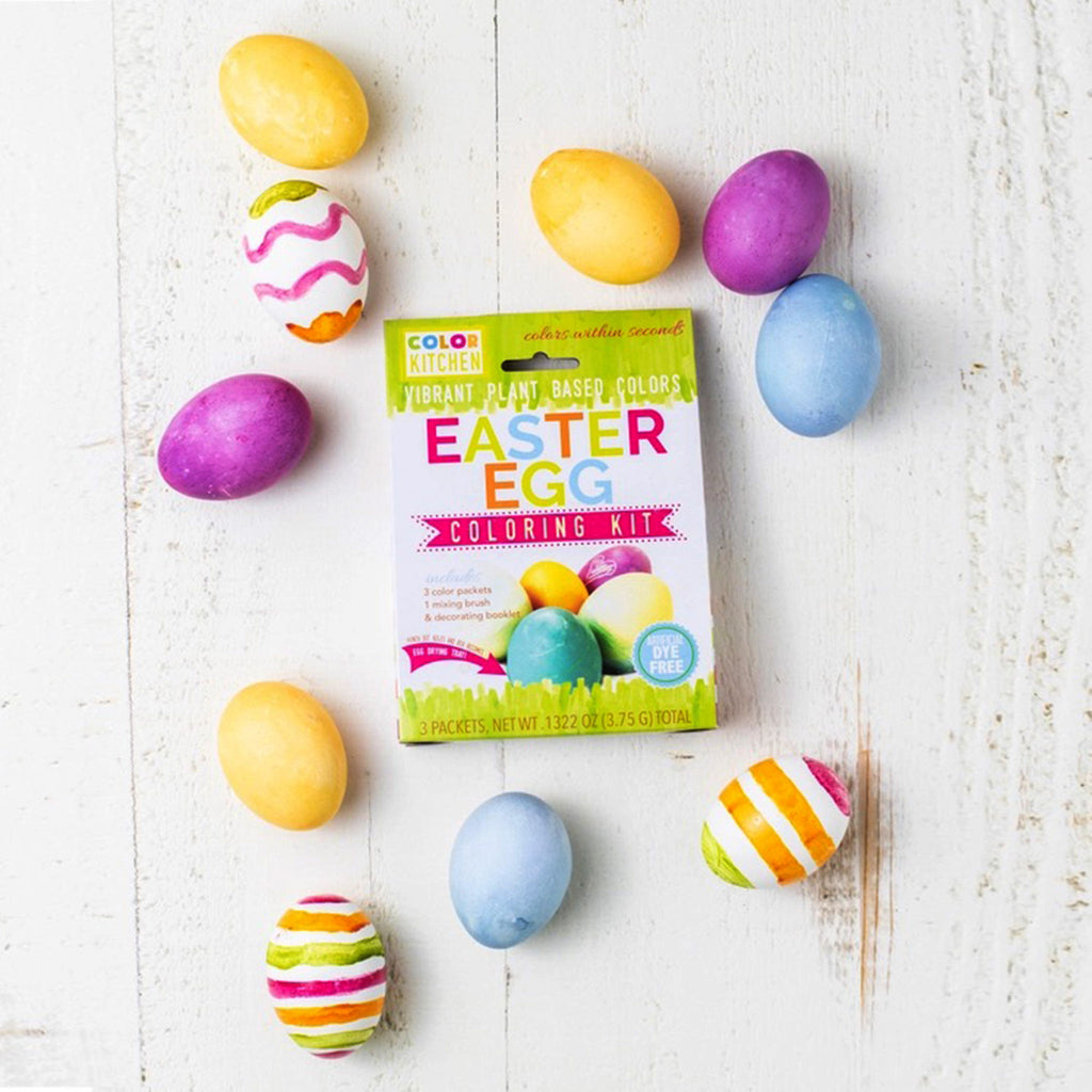 ColorKitchen vibrant plant-based easter egg coloring kit in packaging with sample dyed eggs.