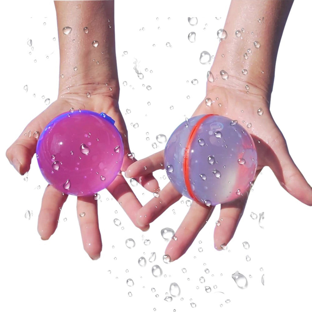 Confetti & Friends Self Sealing Reusable Silicone Water Splash Balls Balloons, a pink and a purple one are shown filled with water in the palm of hands.