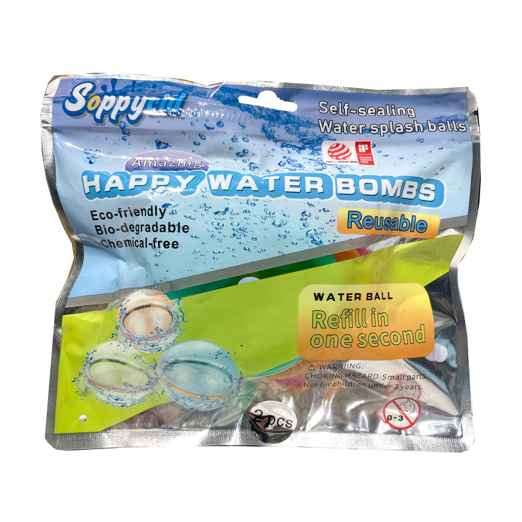 Confetti & Friends Self Sealing Reusable Silicone Water Splash Balls Balloons, pack of 2 in packaging, front. 