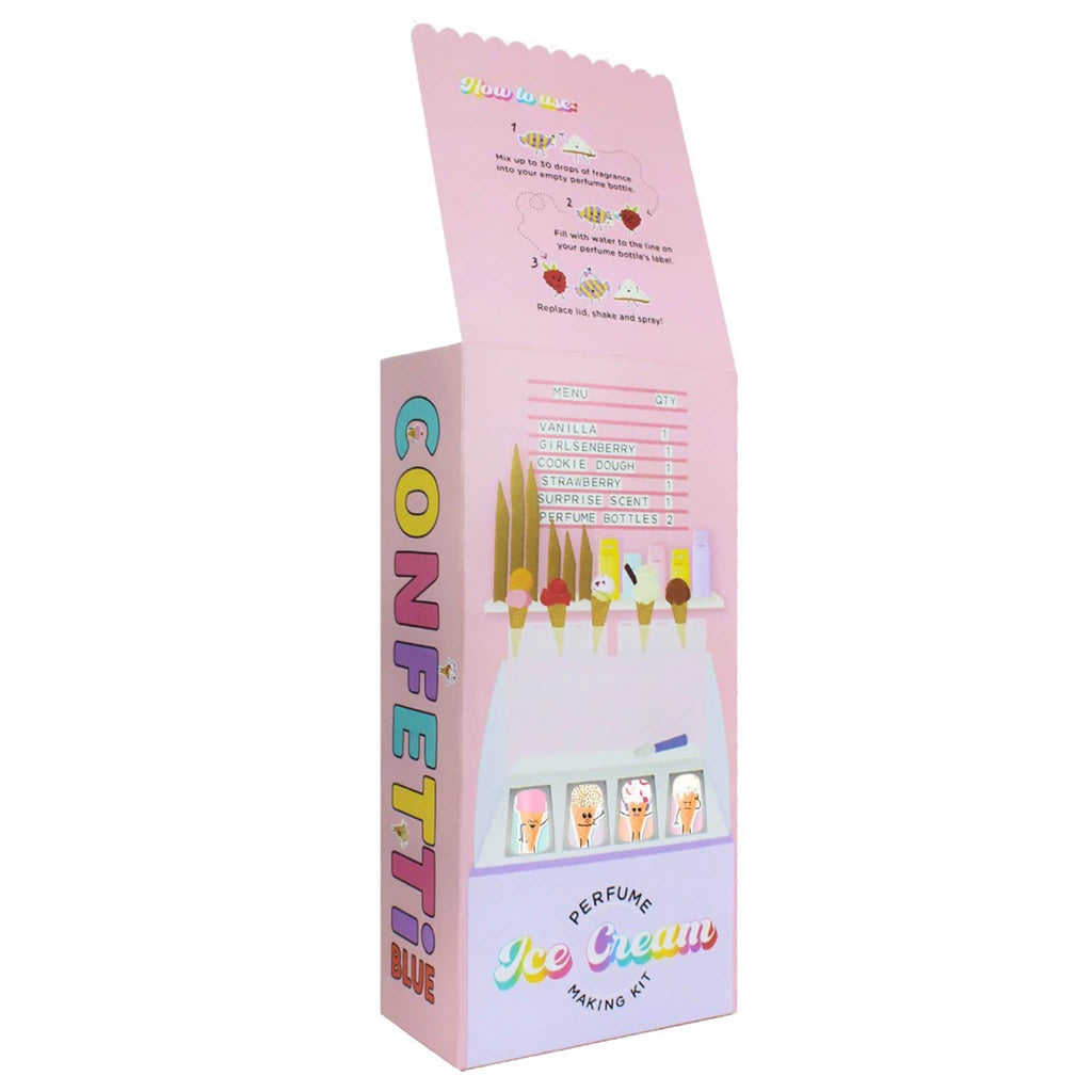 Confetti Blue Ice Cream Scented Perfume Making Kit in packaging, back view.