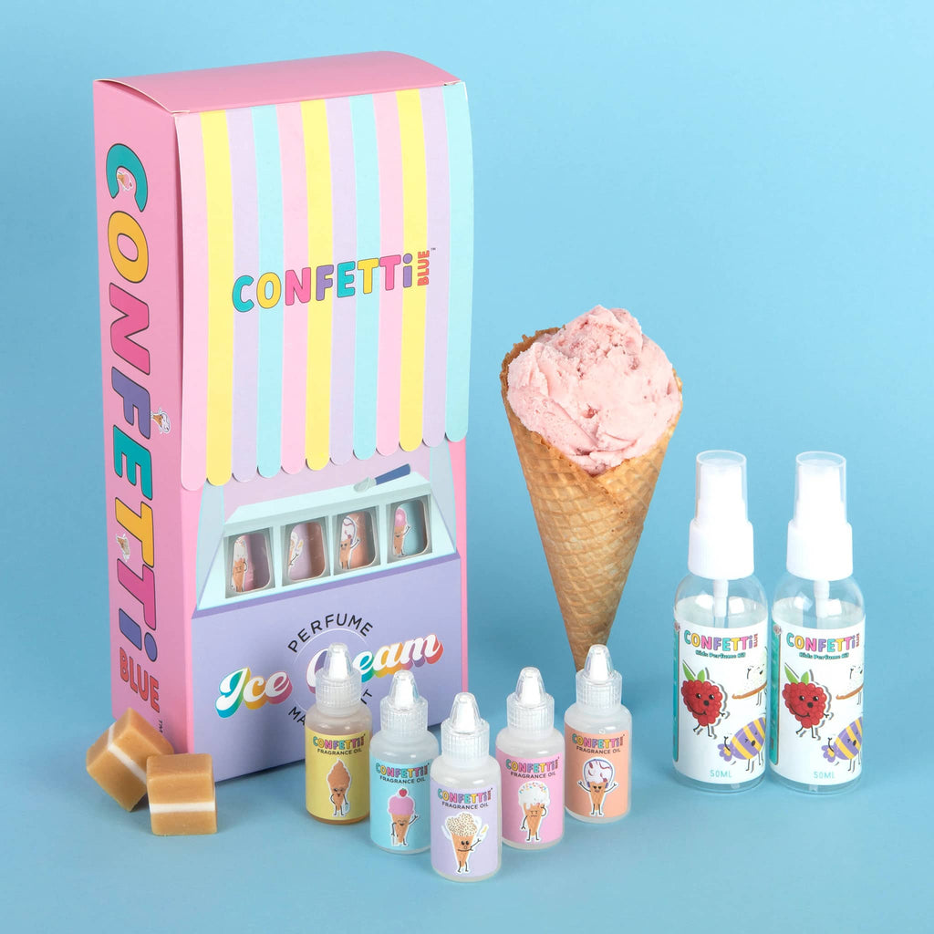 Confetti Blue Ice Cream Scented Perfume Making Kit with packaging, contents and a strawberry ice cream cone on a blue background.