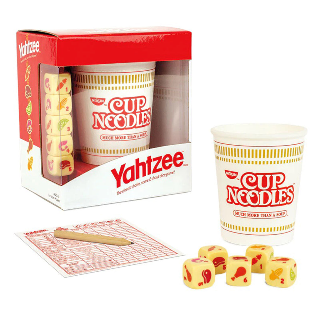 Continuum USAopoly Yahtzee Cup Noodles game in packaging, front view with contents in front.