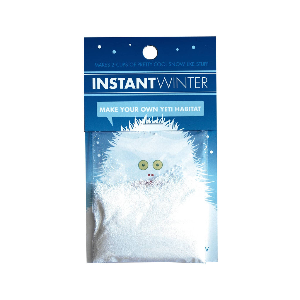 Copernicus Compact Curiosities Instant Winter make your own artificial snow in blue packaging with yeti illustration, front view.