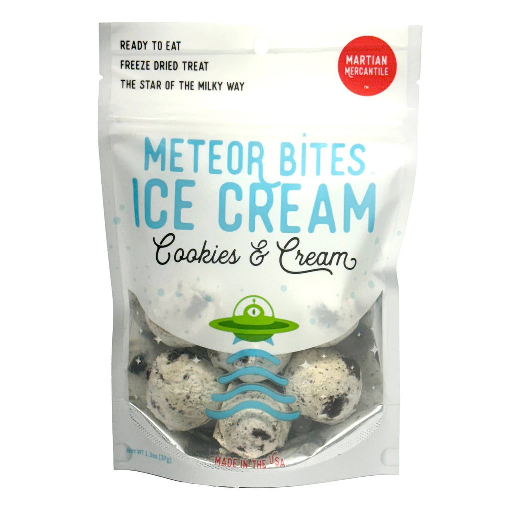 Copernicus Meteor Bites Cookies & Cream freeze-dried ice cream balls in white pouch packaging, front view.