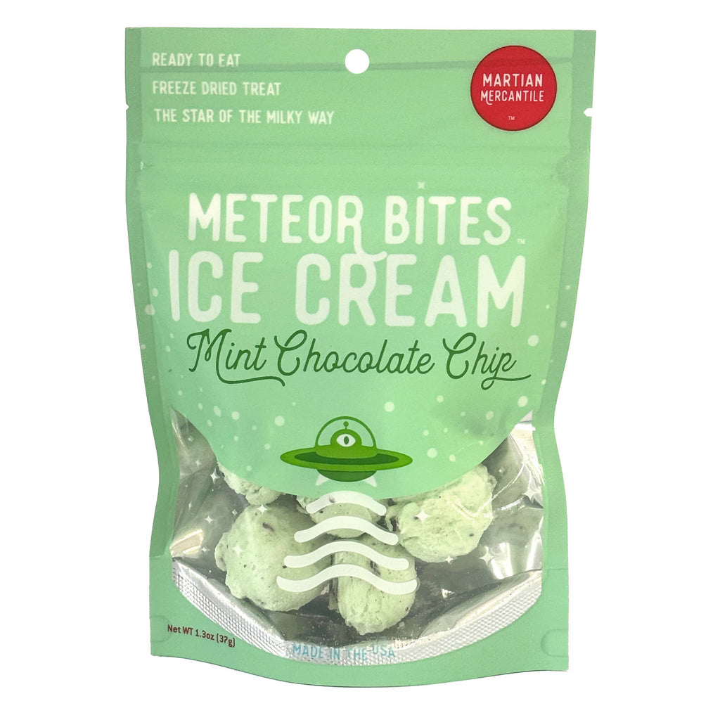 Copernicus Meteor Bites Mint Chocolate Chip freeze-dried ice cream balls in green pouch packaging, front view.