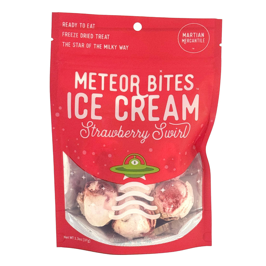 Copernicus Meteor Bites Strawberry Swirl freeze-dried ice cream balls in red pouch packaging, front view.