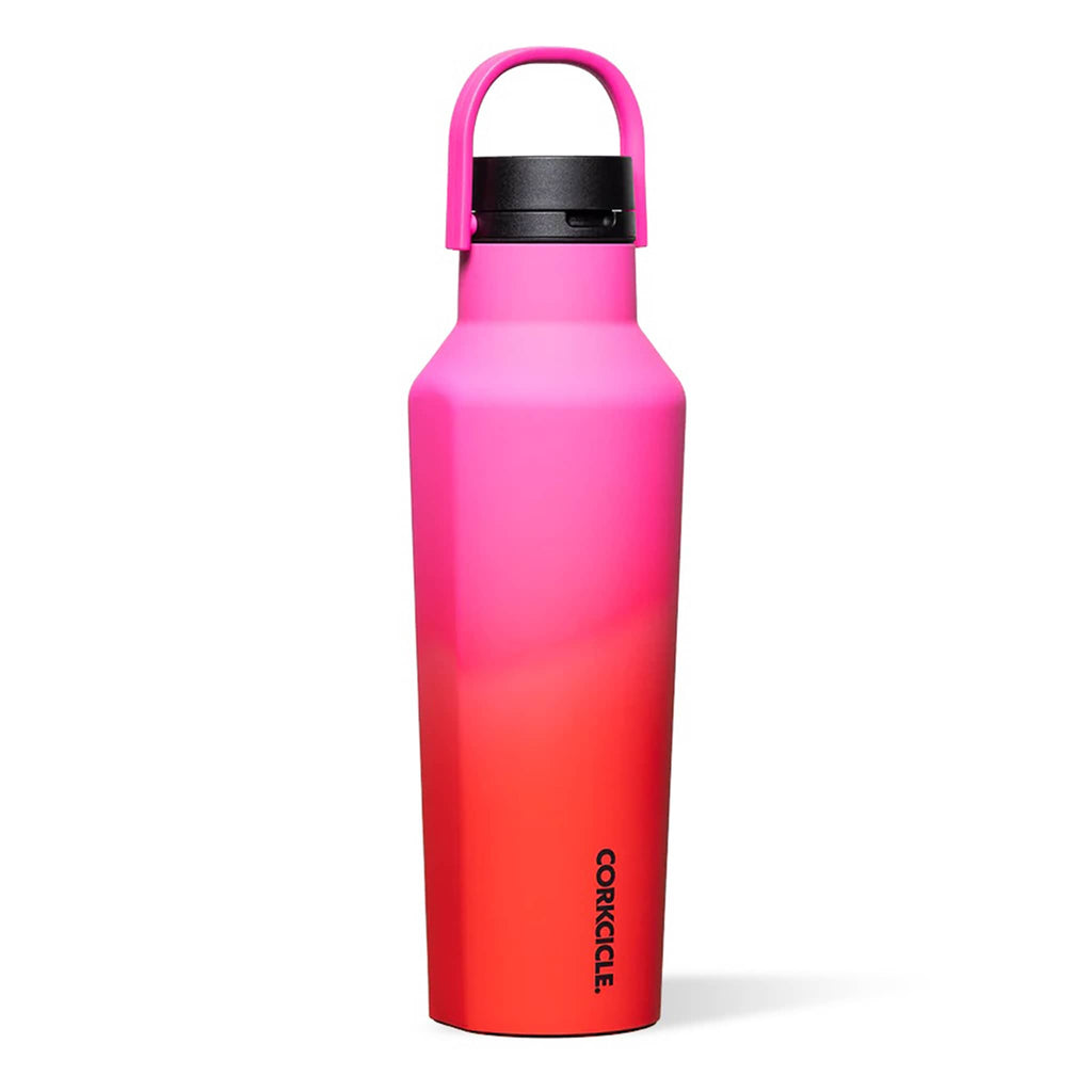 Corkcicle 20 ounce Series A Sangria pink to red ombre insulated stainless steel sport canteen with built-in handle on lid, front view.