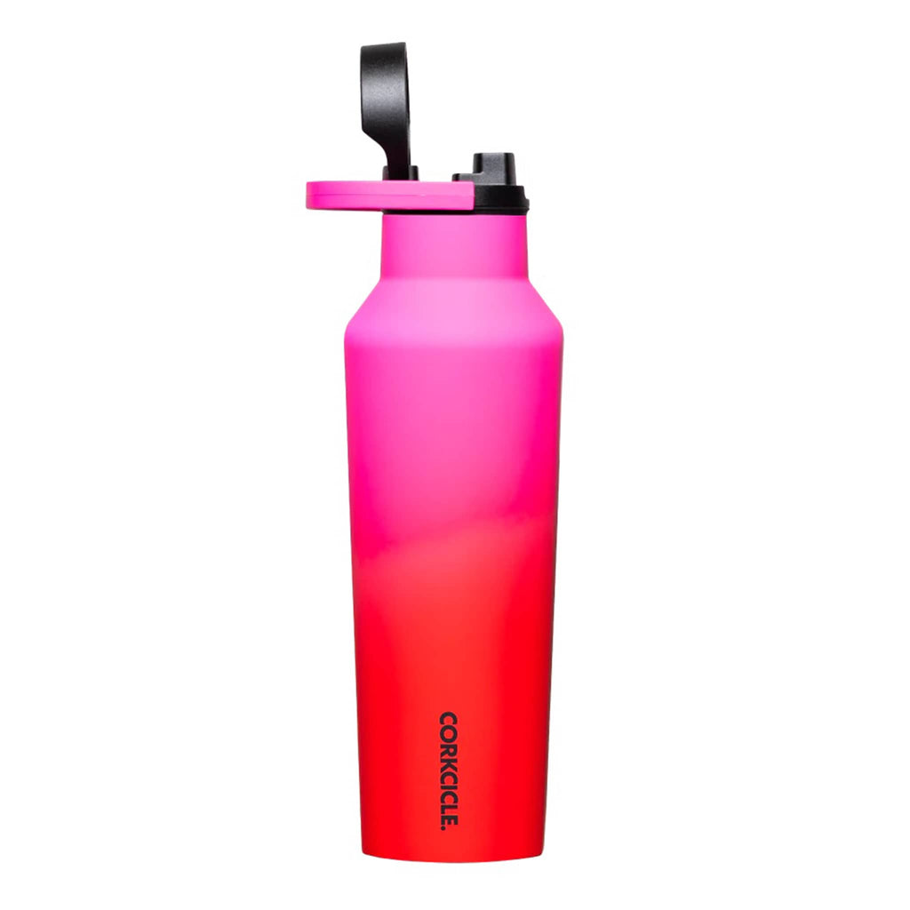 Corkcicle 20 ounce Series A Sangria pink to red ombre insulated stainless steel sport canteen with built-in handle on lid, side view with lid up.