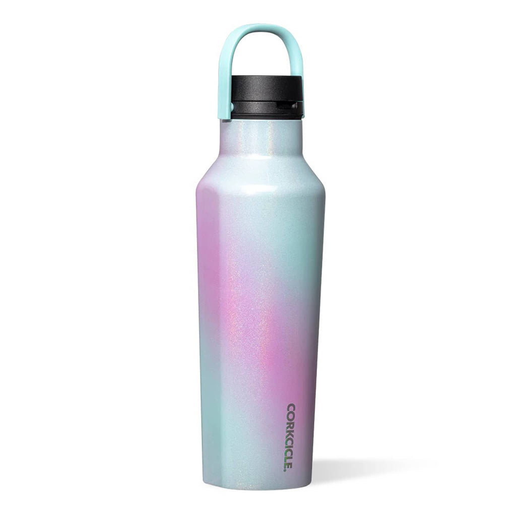 Corkcicle 20 ounce Unicorn Wonderland sparkly mint green and fuchsia insulated stainless steel sport canteen with built-in handle on lid, front view.