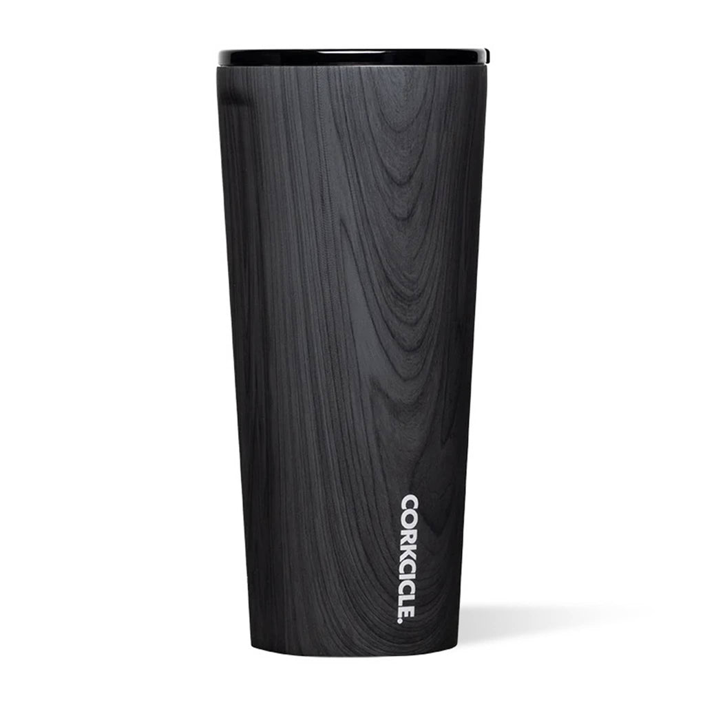 Corkcicle 24 ounce Origins collection Burnt Wood stainless steel insulated tumbler with black lid, front view.