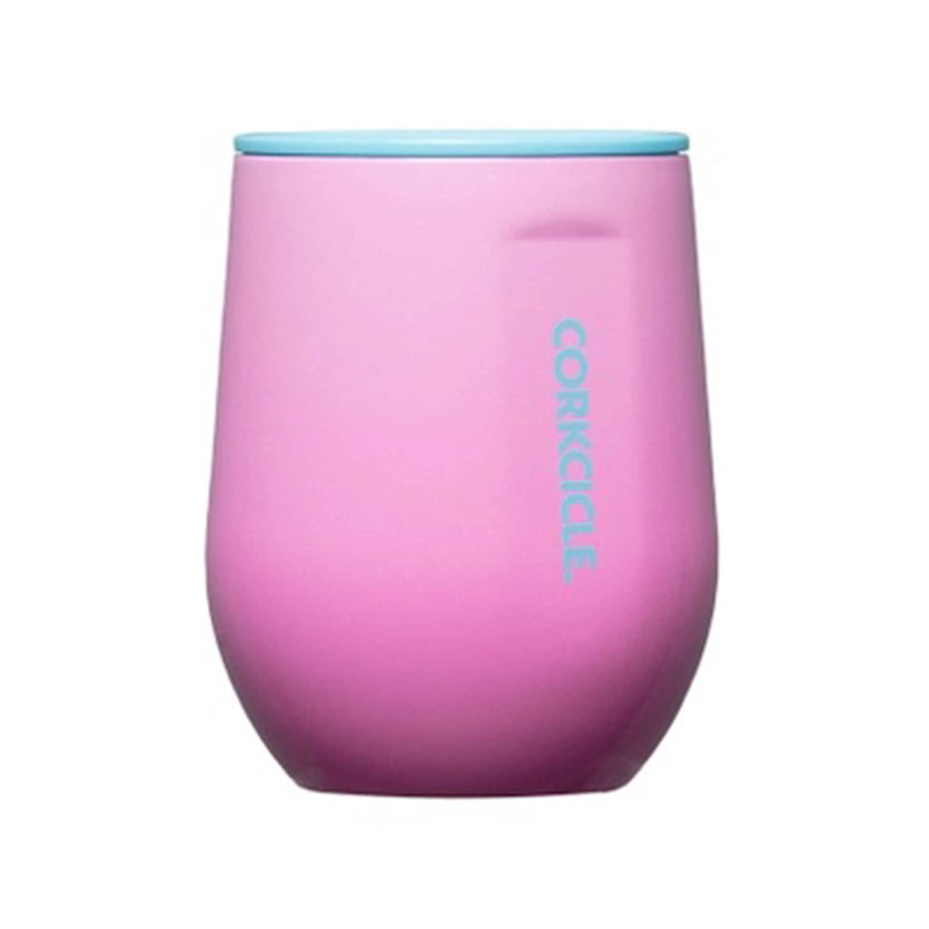 Corkcicle Stemless 12 ounce insulated pink ombre stemless cup with aqua lid in pink pop, front angle view.
