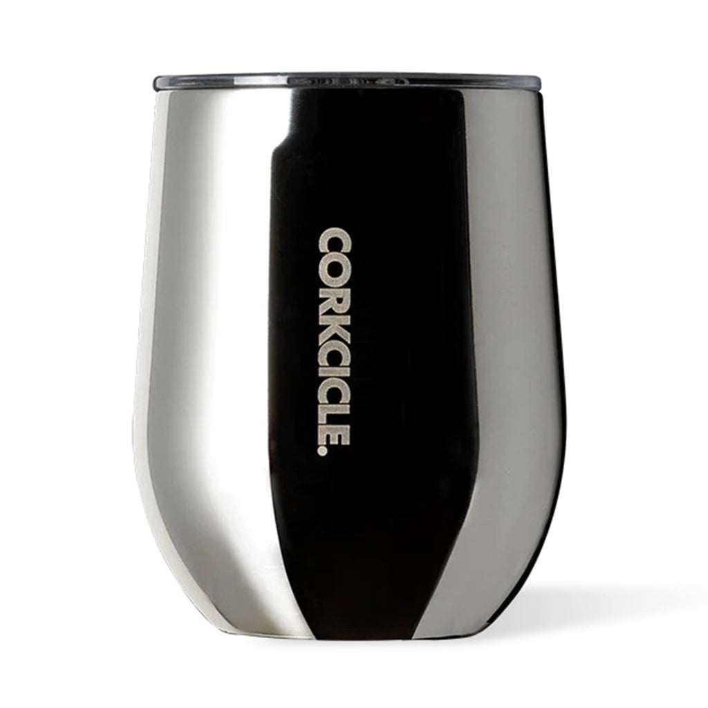 Corkcicle Tungsten Metallic Finish 12 ounce insulated stemless cup with clear lid, front view.