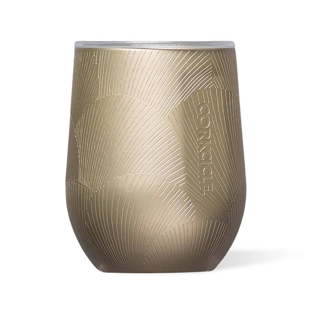 Corkcicle Stemless 12 ounce insulated stemless cup with lid in champagne dream, front angle view.