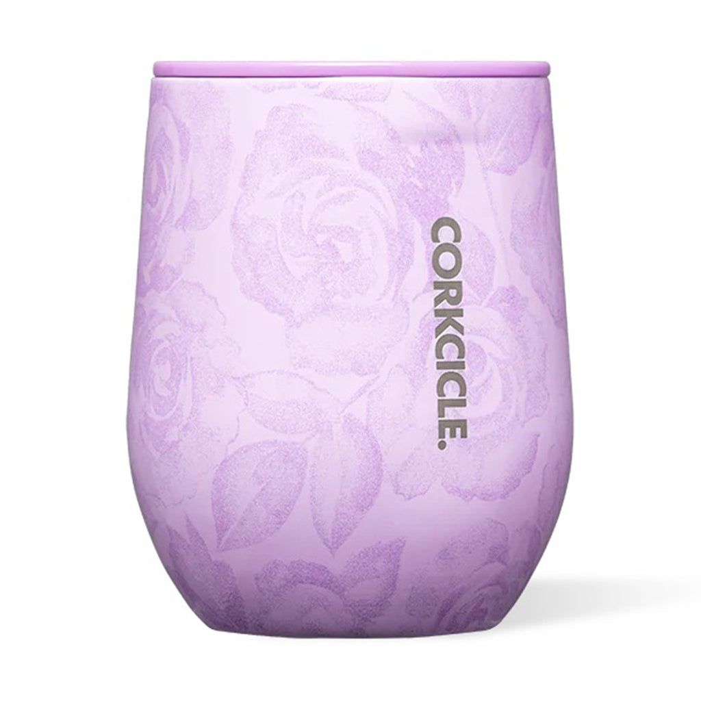 Corkcicle Forget Me Not lilac 12 ounce insulated stemless cup with matching lid, front view.