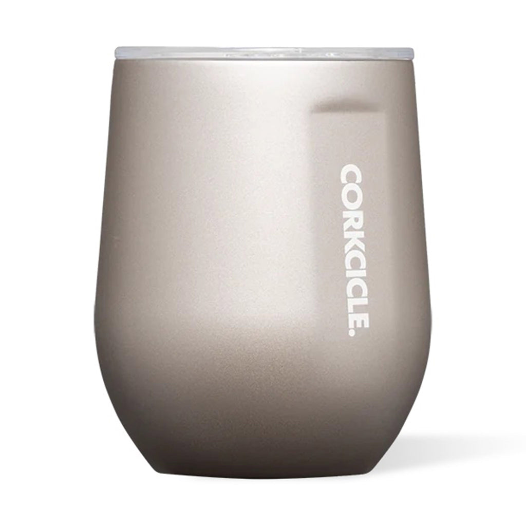 Corkcicle Pure Taste 12 ounce stemless ceramic lined insulated latte colored stainless steel cup with clear lid, front view.