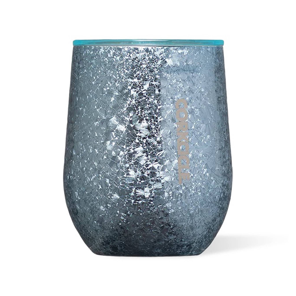 Corkcicle Stemless 12 ounce insulated stemless cup with lid in Ice Breaker, crackled aqua blue finish, front angle view.