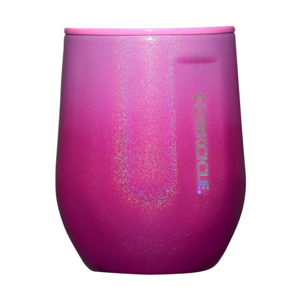 Corkcicle 12 ounce Ombre Unicorn Kiss glittery pink insulated stainless steel stemless cup with pink lid, front view.
