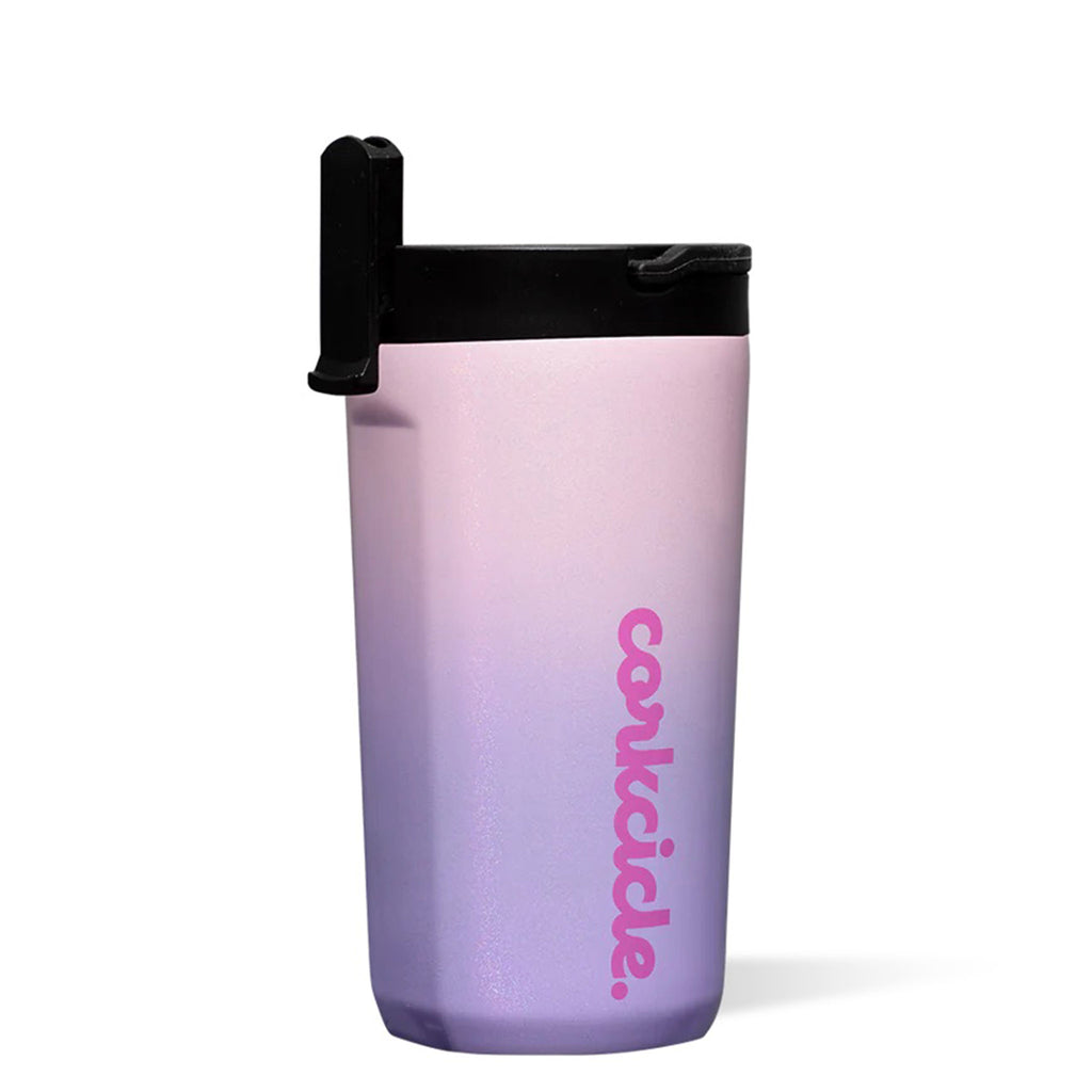 Corkcicle Ombre Fairy 12 ounce Insulated Stainless Steel Kids Cup with a glittery pink to purple ombre pattern, black lid and fuchsia corkcicle script logo, front view with sip straw up.
