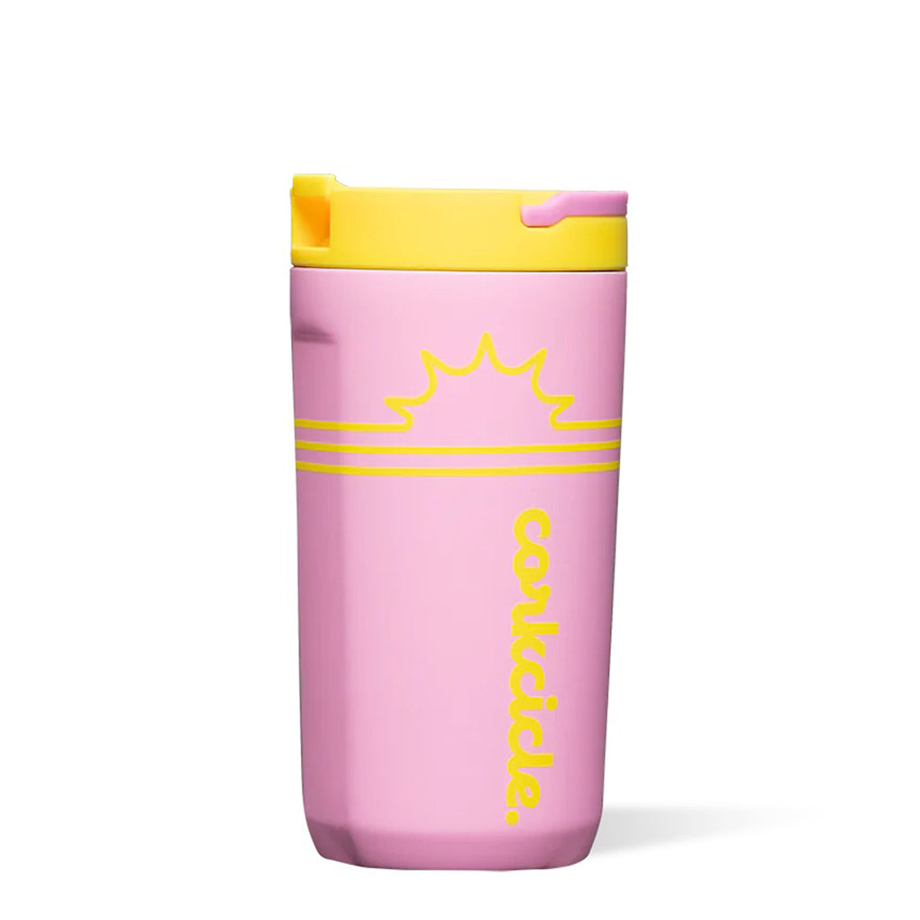 Corkcicle Sunny Pink 12 ounce Insulated Stainless Steel Kids Cup in pink with yellow lid, sun graphic and corkcicle script logo, front view.