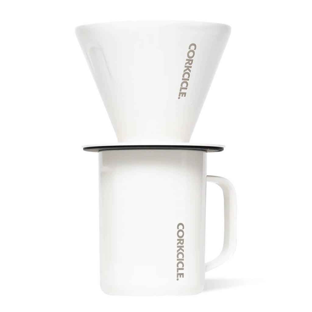 Corkcicle Pour-Over Coffee Kit in white Oat Milk finish with filter and insulated mug, shown stacked.