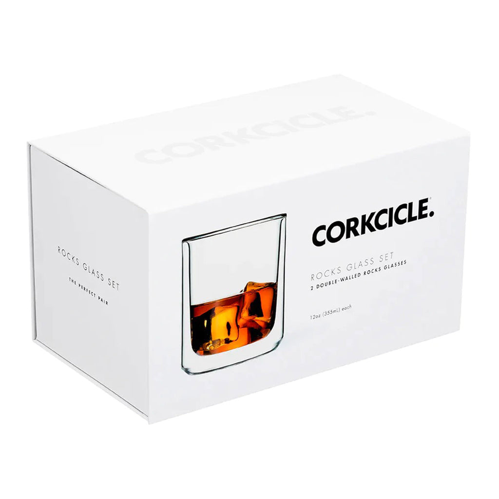 Corkcicle Double-Wall Insulated Clear Rocks Glass Set of 2 in gift box packaging.