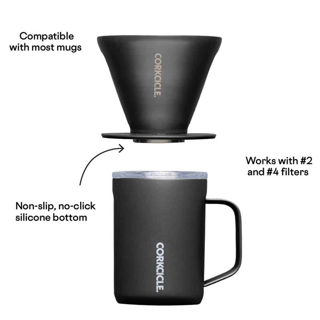 Corkcicle Coffee Pour Over Set with stainless steel insulated mug and pour over with ceramic slate finish, with details.