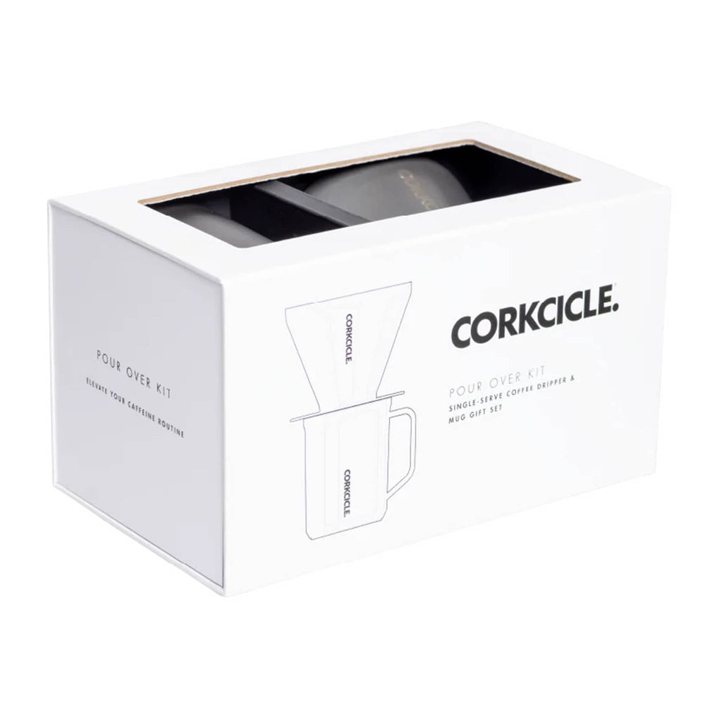 Corkcicle Coffee Pour Over Set with stainless steel insulated mug and pour over with ceramic slate finish, in white box packaging.