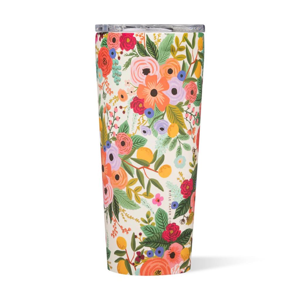 Corkcicle x Rifle Paper Co. 24 ounce insulated stainless steel tumbler with clear lid and Garden Party floral print on a cream background, front view.
