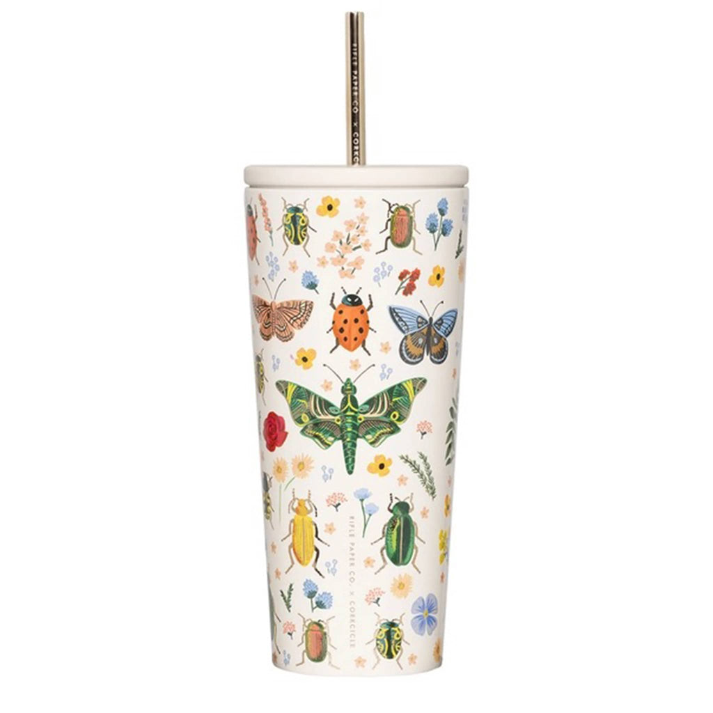 Corkcicle x Rifle Paper Co 24 ounce insulated cold cup in curio cream, front view.