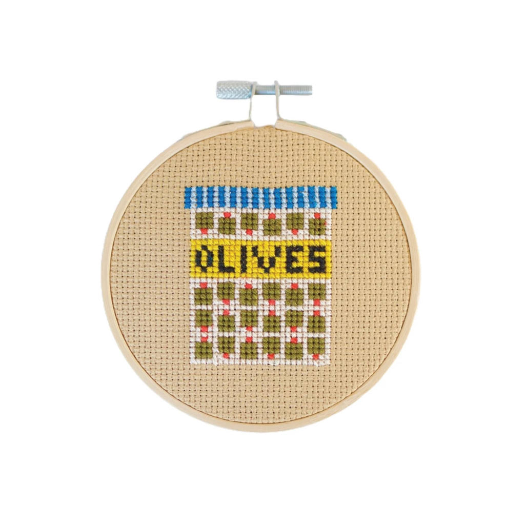 Cotton Clara "Olives" "mini counted cross stitch kit, completed hoop.