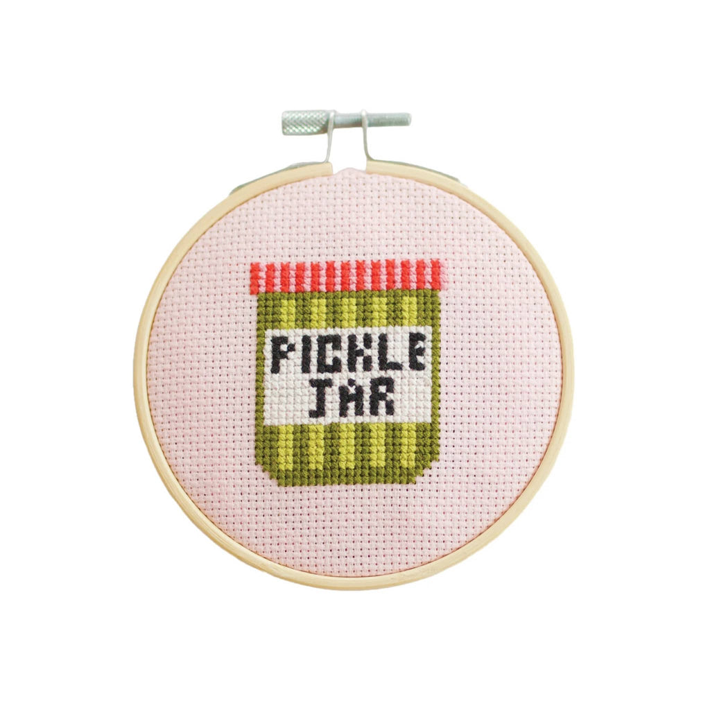 Cotton Clara Pickle Jar" "mini counted cross stitch kit, finished hoop.