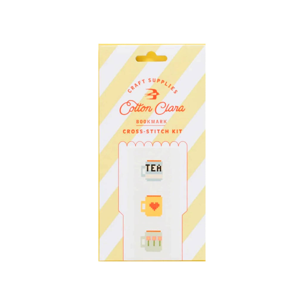 Cotton Clara "Tea Mugs" "mini counted cross stitch bookmark kit in box packaging.