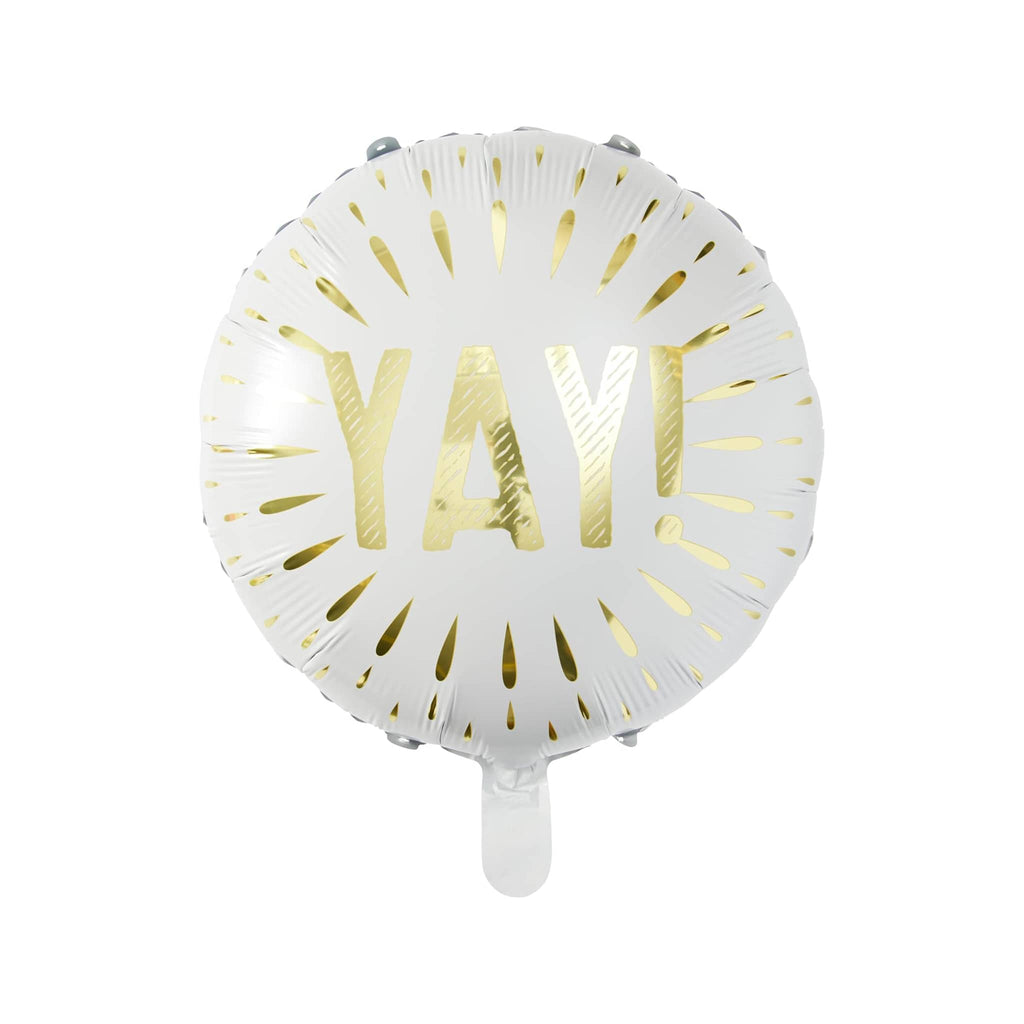 CR Gibson Yay! Mini Balloon Garland Kit, white round mylar balloon with YAY! in gold.