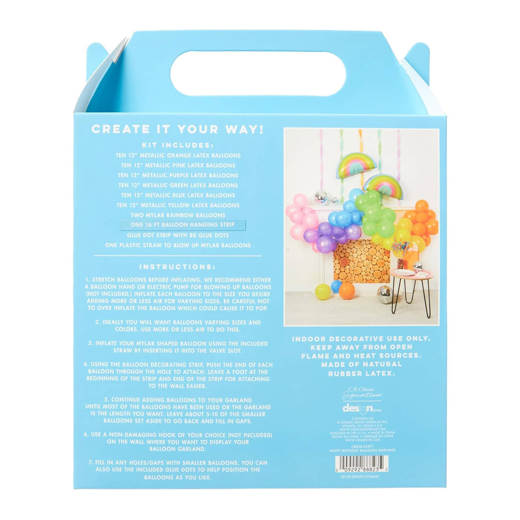 CR Gibson Over the Rainbow Balloon Garland Kit in box packaging, back view.