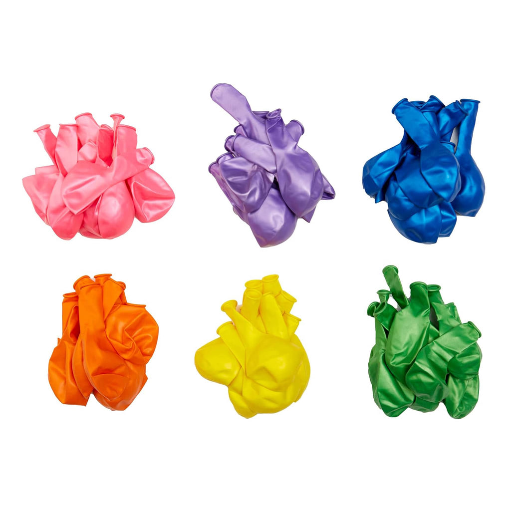 CR Gibson Over the Rainbow Balloon Garland Kit, piles of rainbow colored latex balloons uninflated.