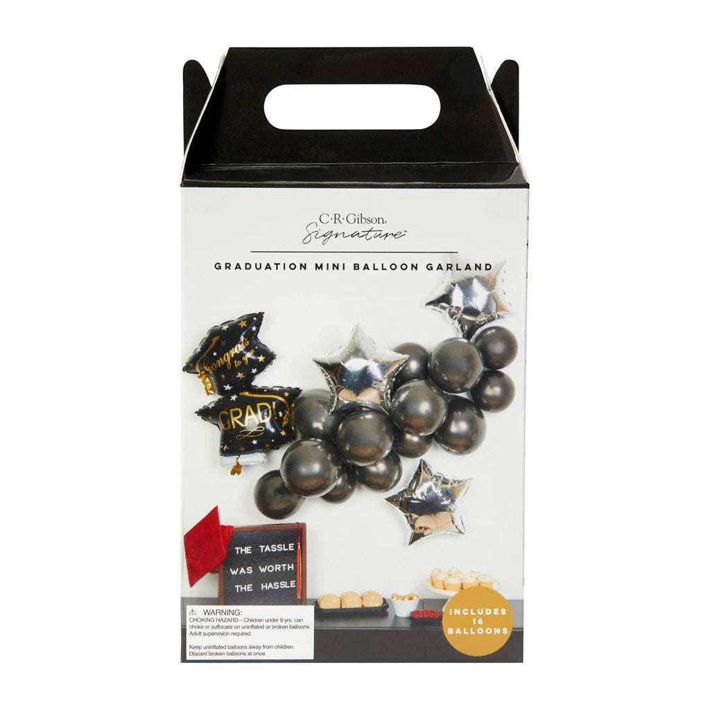 CR Gibson graduation mini balloon garland in box packaging, front view.