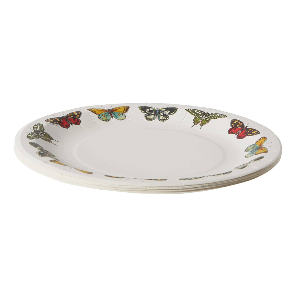 CR Gibson Botanical Garden paper party plate, white with butterfly illustrations around the outer edge, stacked, side view.