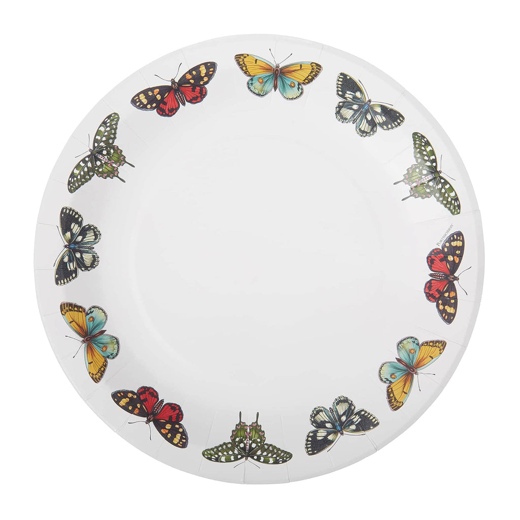 CR Gibson Botanical Garden paper party plate, white with butterfly illustrations around the outer edge.