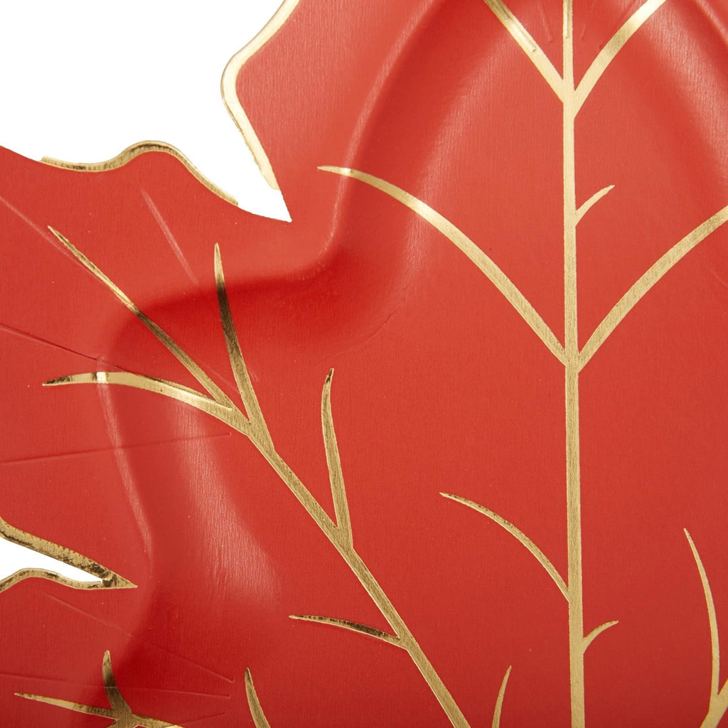 CR Gibson Harvest Plaid leaf shaped paper party plate, red with gold foil veins, detail.