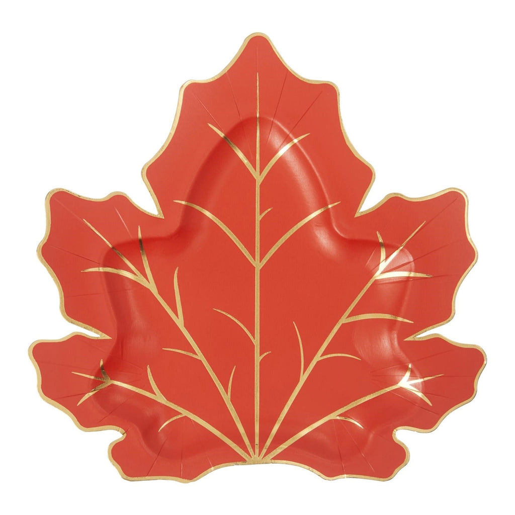 CR Gibson Harvest Plaid leaf shaped paper party plate, red with gold foil vein details.