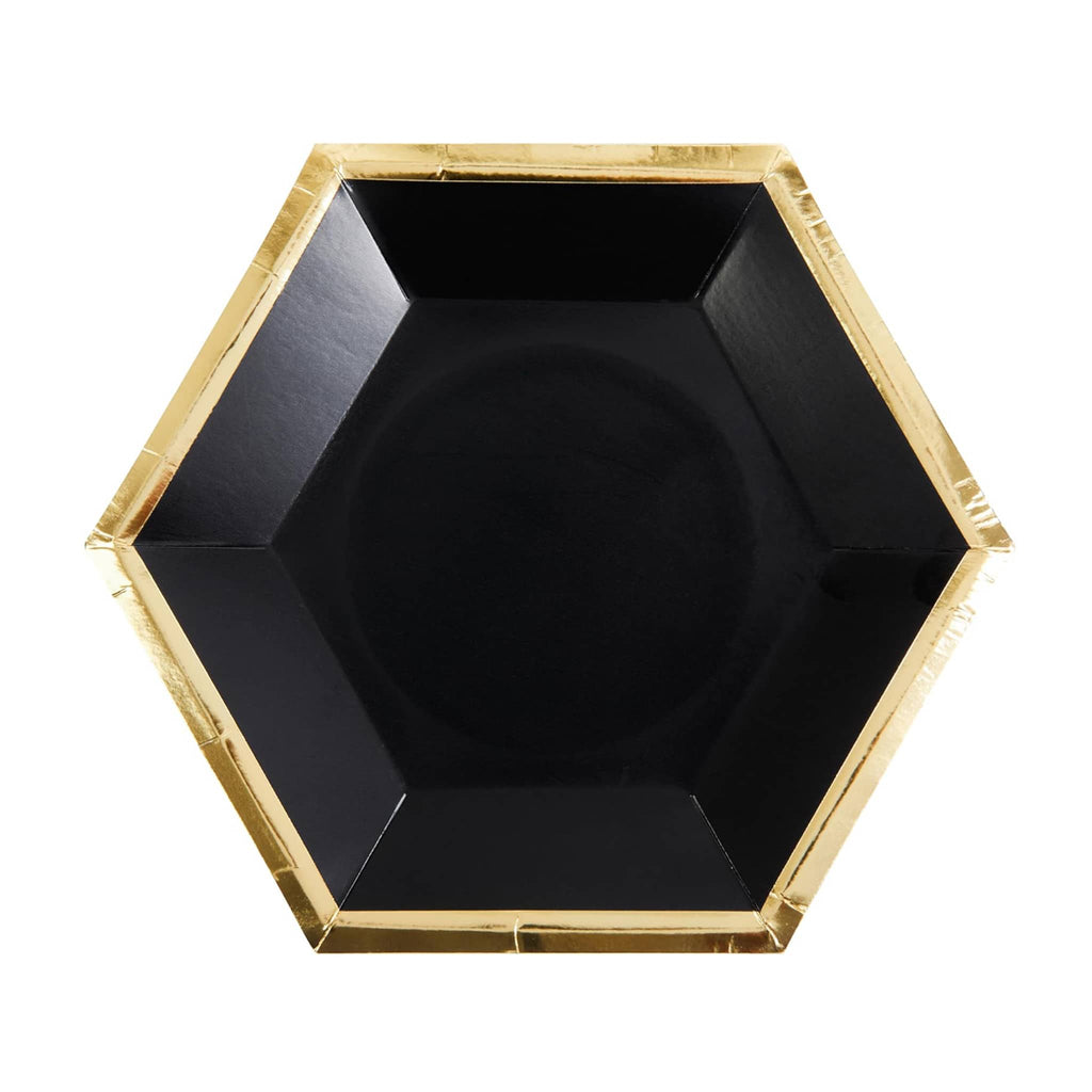CR Gibson black hexagon shaped paper party plate with gold trim.