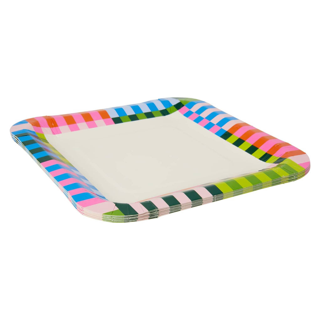 CR Gibson Bold Stripe Square paper party lunch plate with colorful stripe pattern on outer edge, stacked, side view.