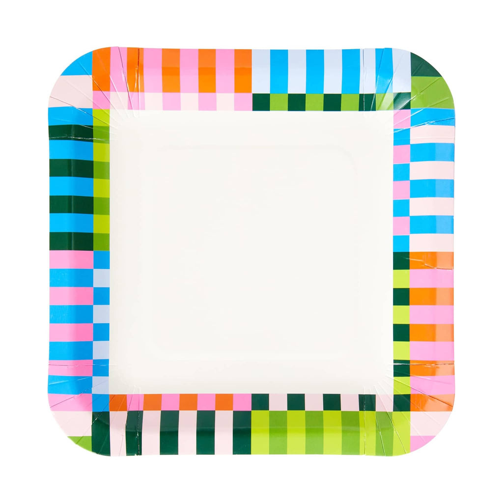 CR Gibson Bold Stripe Square paper party lunch plate with colorful stripe pattern on outer edge.