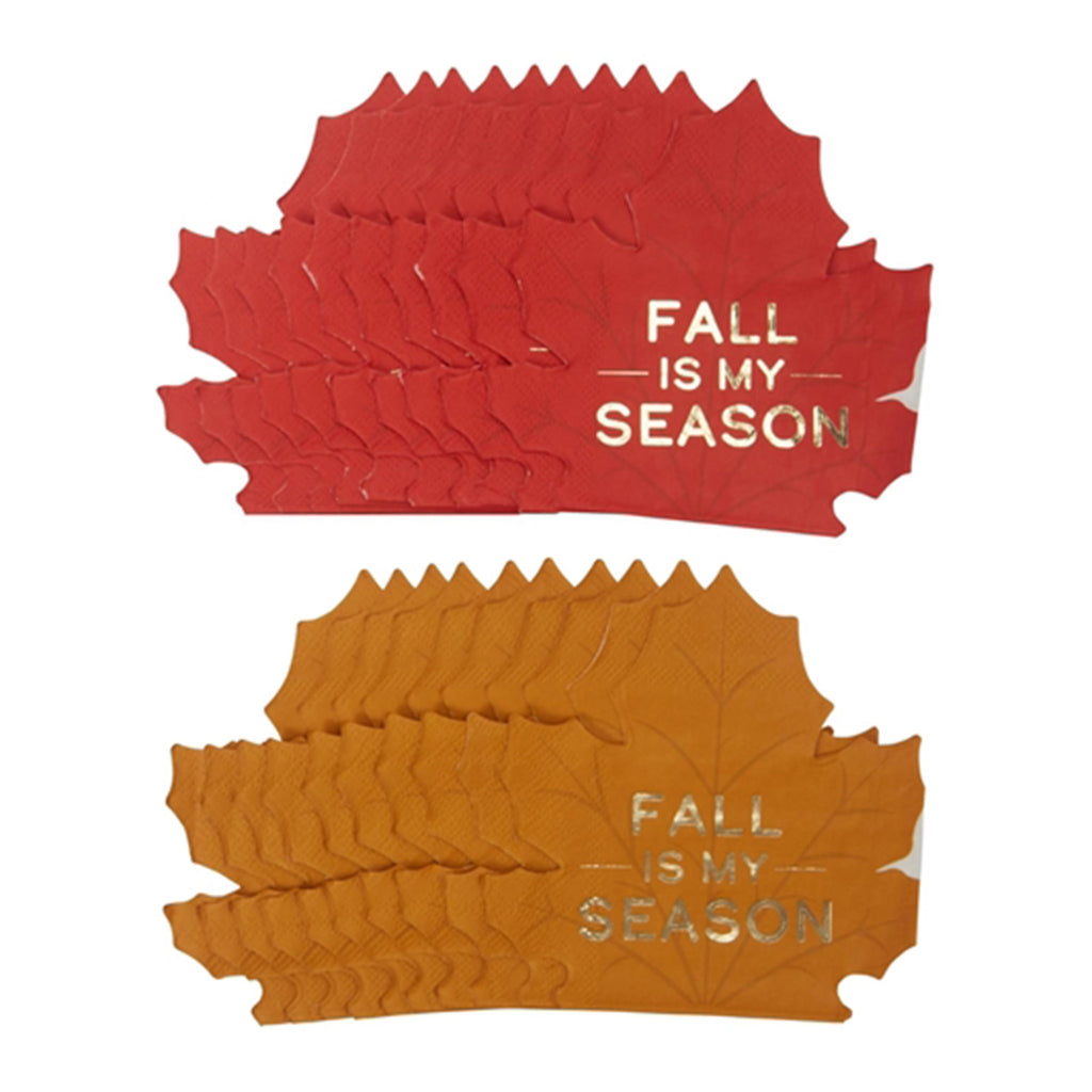 CR Gibson Harvest Plaid Die-cut Leaf Beverage Party Napkin in red and orange with "fall is my season" in gold foil lettering.