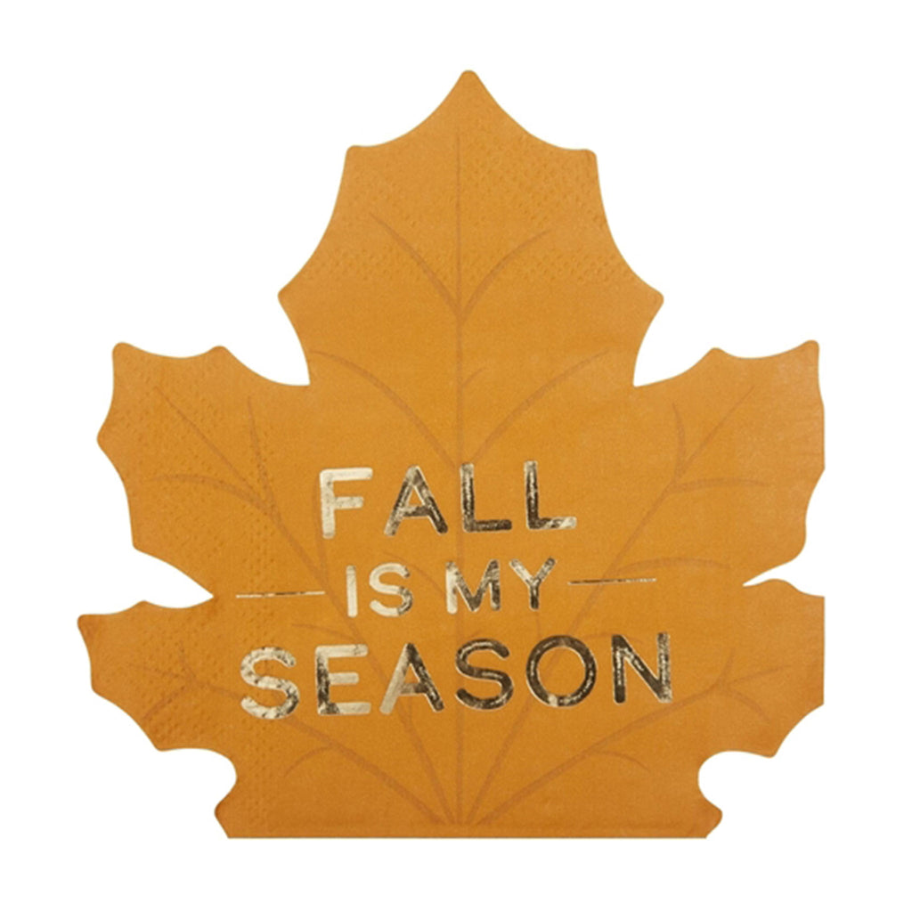 CR Gibson Harvest Plaid Die-cut Leaf Beverage Party Napkin in orange with "fall is my season" in gold foil lettering.