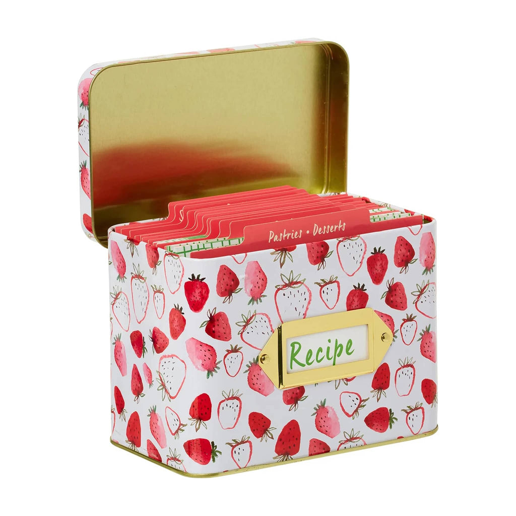 CR Gibson Strawberry Fields recipe tin box, front angle, lid open showing recipe cards and dividers inside.