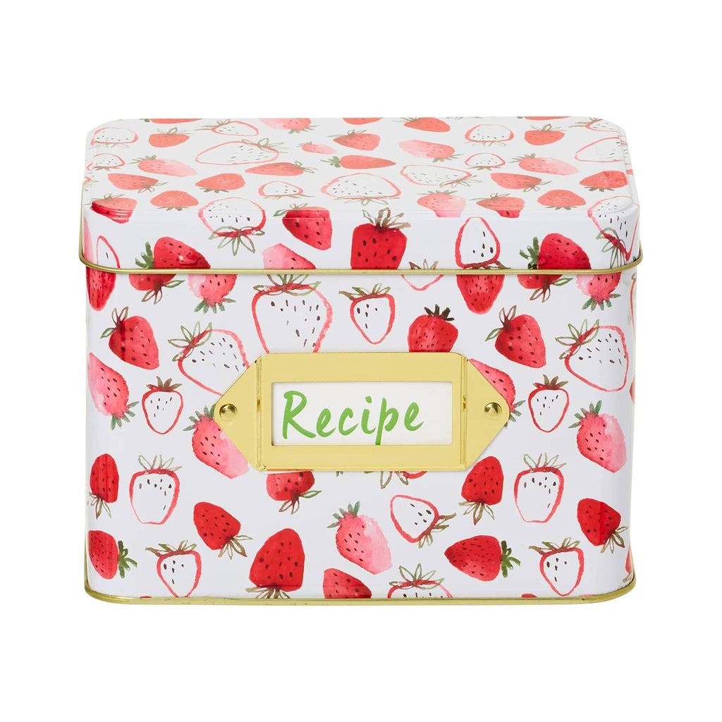 CR Gibson Strawberry Fields recipe tin box, front view.